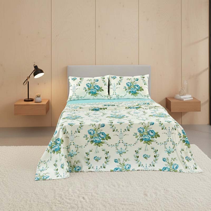 Soft Floral Brushed Cotton Fitted Flat Sheet And Matching Pillowcases