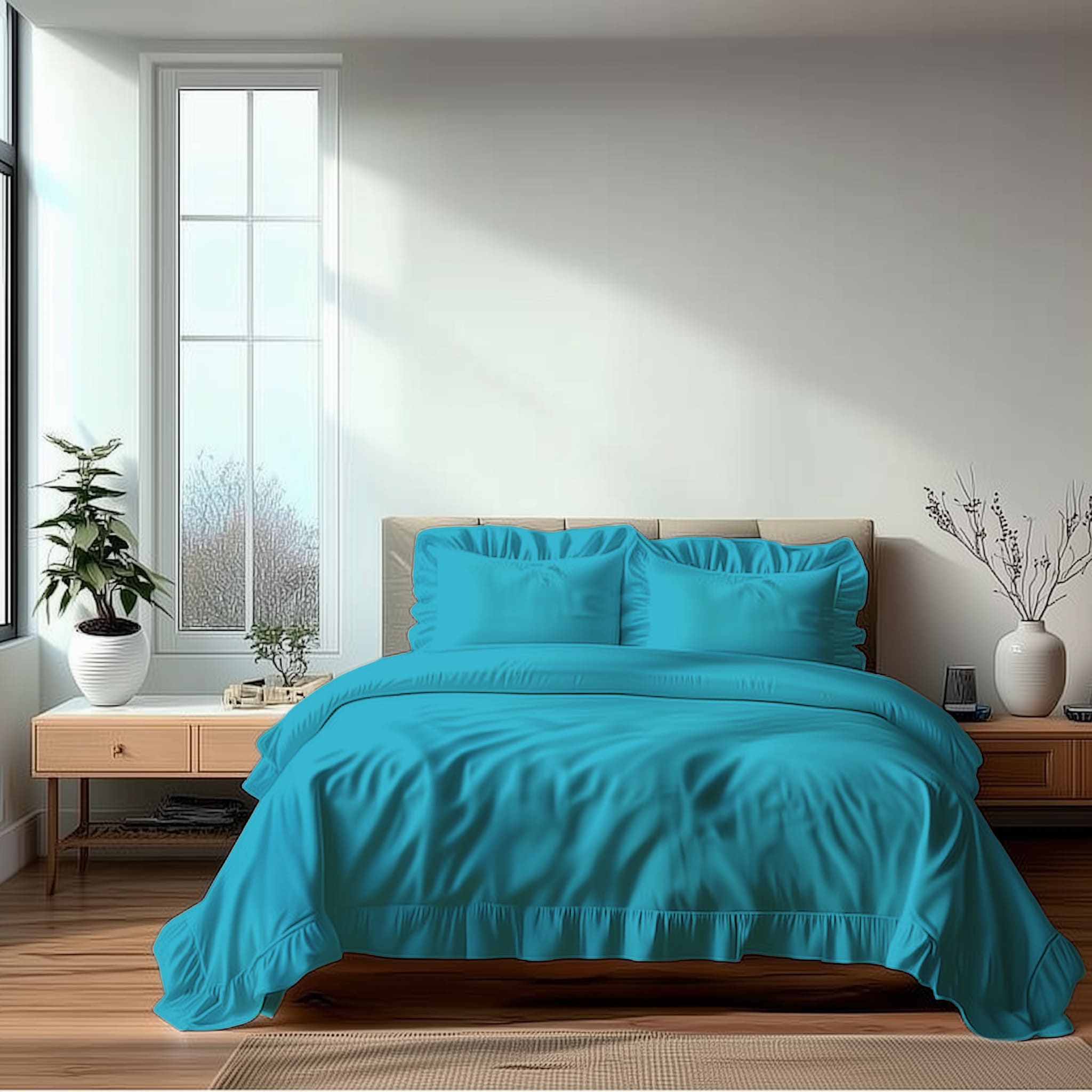 Duvet Cover And Pillowcase Set Pink Teal White Green Silver Frilled Design Polycotton Linen