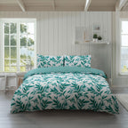 Duvet Cover And Pillowcase Set Reversible Leaf And Stripe Design Polycotton Bed Linen