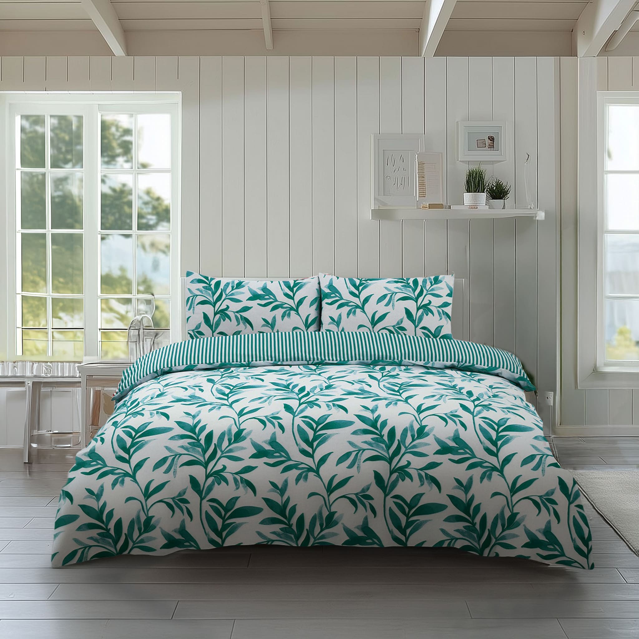 Duvet Cover And Pillowcase Set Reversible Leaf And Stripe Design Polycotton Bed Linen