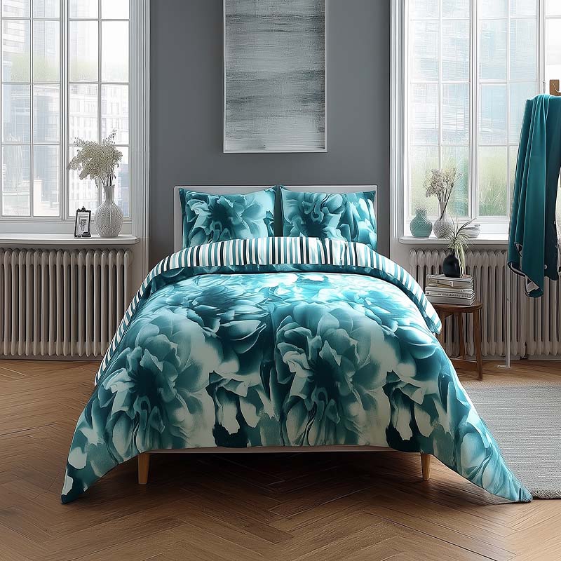 Duvet Cover And Pillowcase Set Reversible Rose And Stripe Design Polycotton Bed Linen