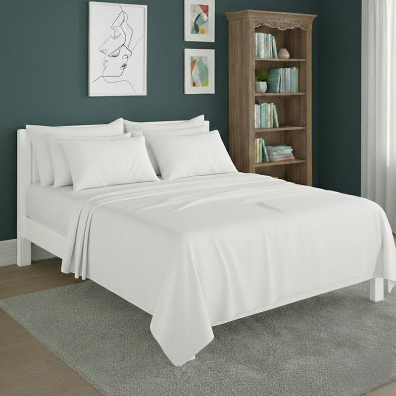 Plain Poly Cotton Easy Care Fitted Flat Sheet Matching Pillowcases Set