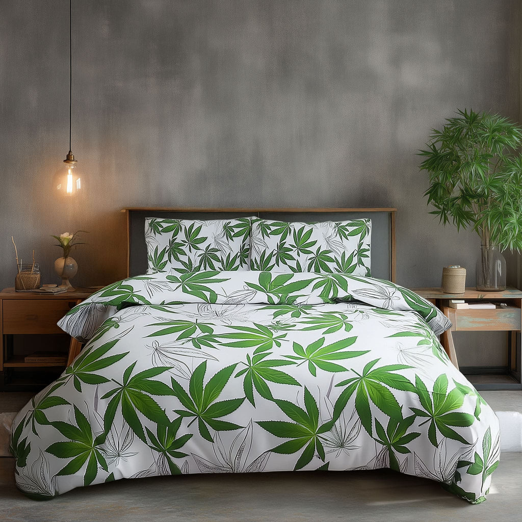 Duvet Cover And Pillowcase Set Black Or White Cannabis Design Polycotton Bed Linen