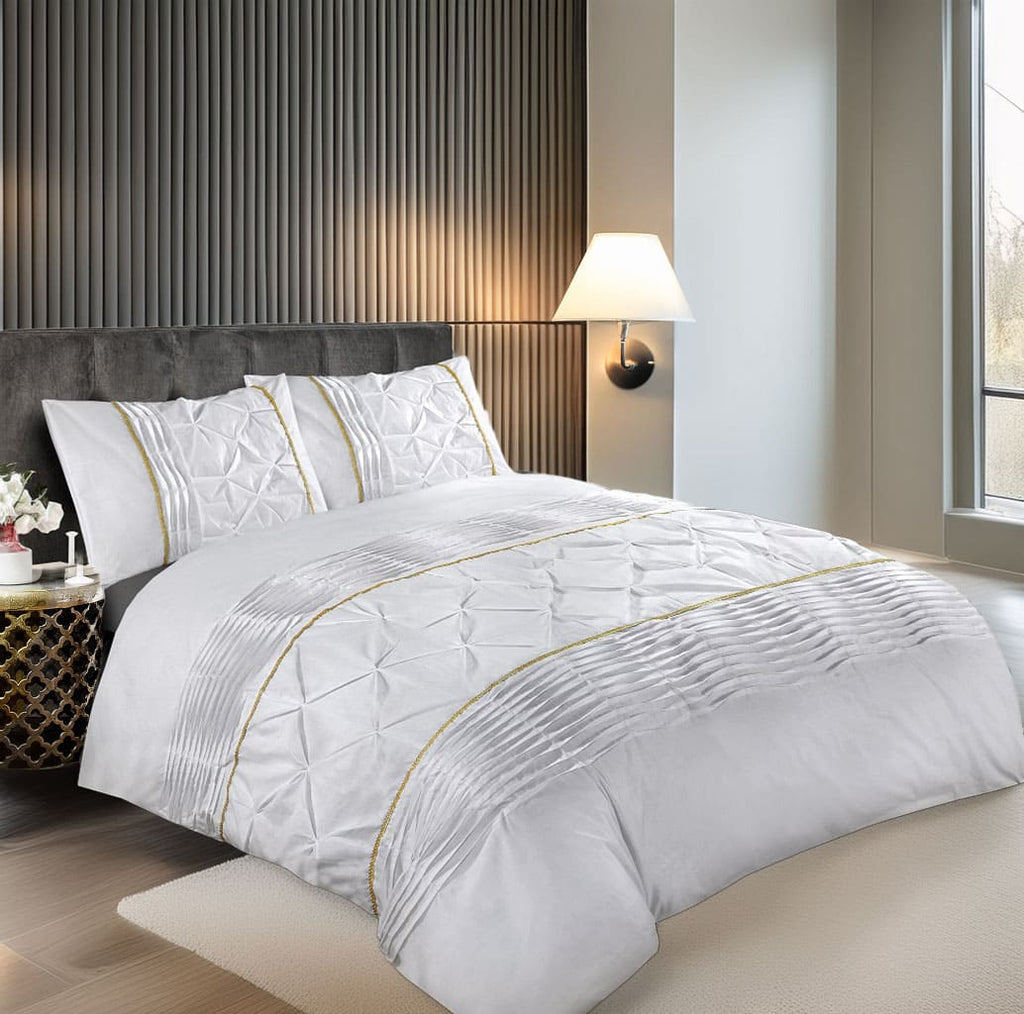 Duvet Cover And Pillowcase Set Silver Black Red Lilac White Pintuck Pleated Design Polycotton Linen